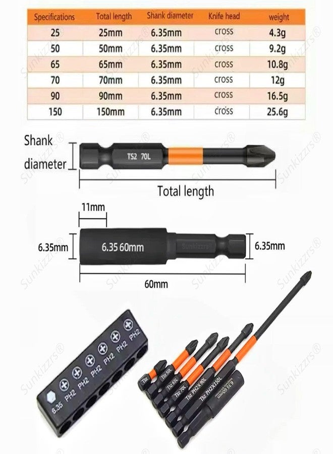 Sunkizzrs® 7-Pcs TS2 Alloy Steel Magnetic Phillips Screwdriver Drill Bits Set-PH2 Cross Screw Driver 1/4 Inch Hex Shank with Extension Rod Anti-Slip & WaterProof for Power & Impact Drivers - Image 2